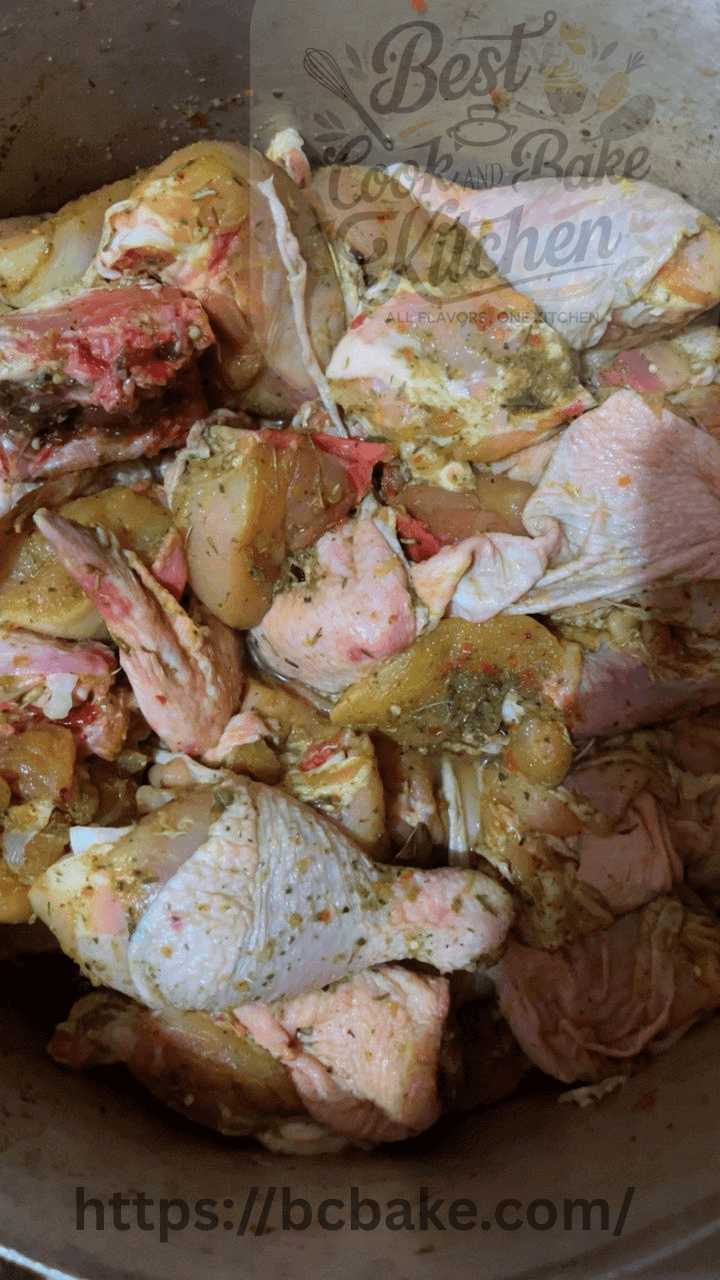 Chicken pieces mixed with ingredients and spices and allows to marinate and get ready for cooking.