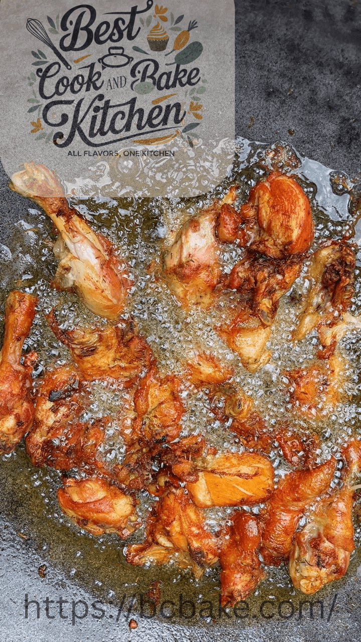 Frying chicken in a hot vegetable oil.