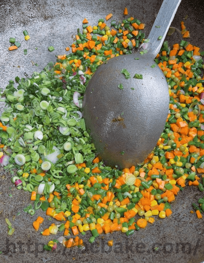 Stir fry the veggies for fried rice recipe chicken